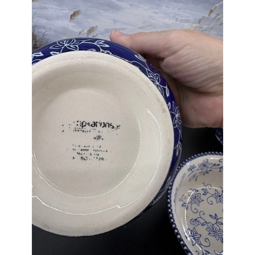 Temp-tations Floral Lace Cobalt Blue White Ceramic Footed Bowls Set of 3 6 inch